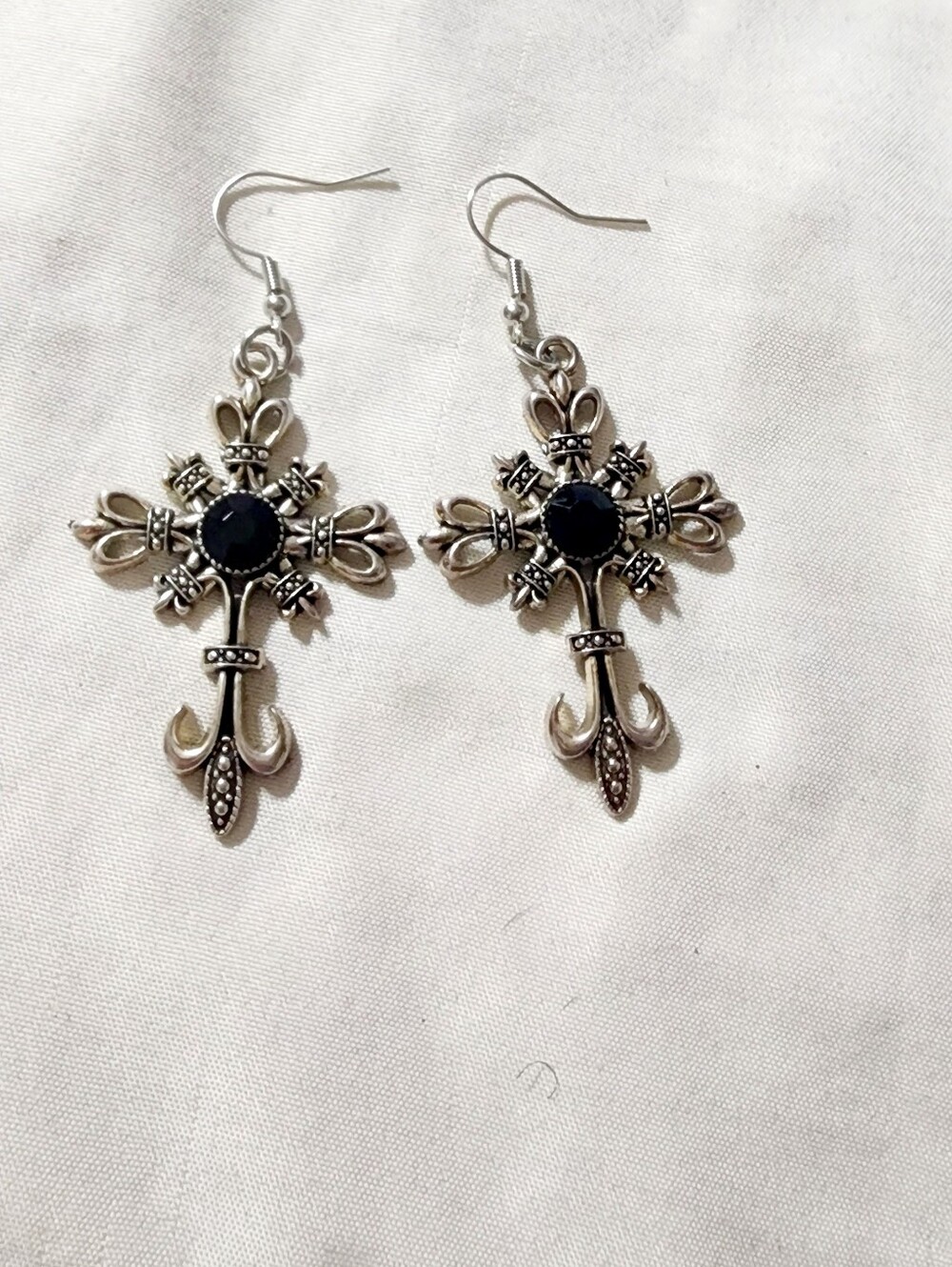 Silver Cross Drop Earrings with Black Stone